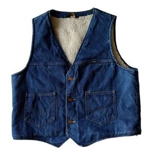 Wrangler Vintage Sherpa Lined Western Medium Wash Denim Trucker USA Made Vest XL